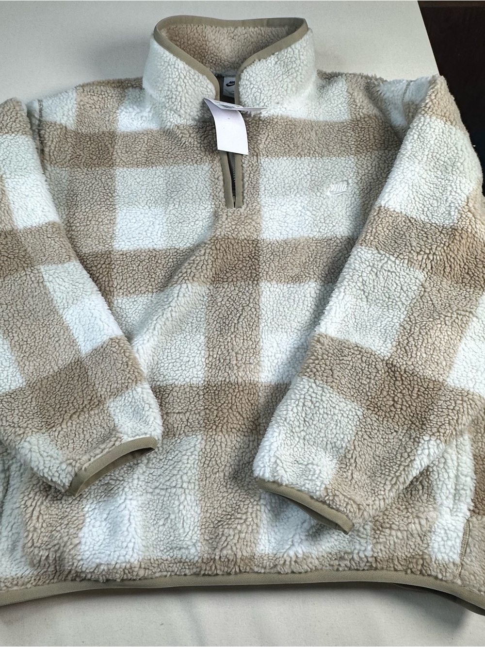 Nike Cream & Tan Plaid Sherpa Half-Zip Jacket Mens xxl